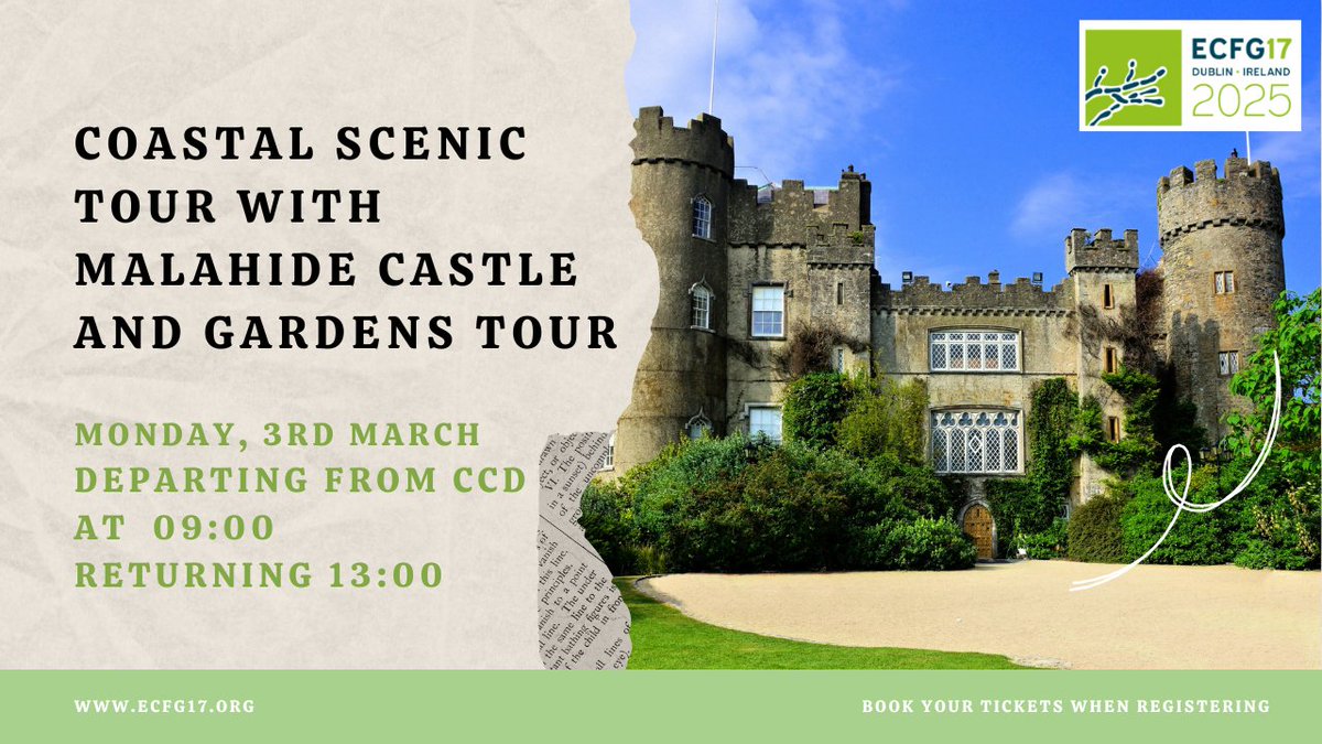 ECFG17Dublin's tweet image. 🌿Explore the stunning surrounds of Malahide Castle and Gardens and the nearby coast during #ECFG17! 🌻
Don't miss the chance to immerse yourself in a scenic adventure when in Dublin! Book your tickets when registering.
ecfg17.org/tours/