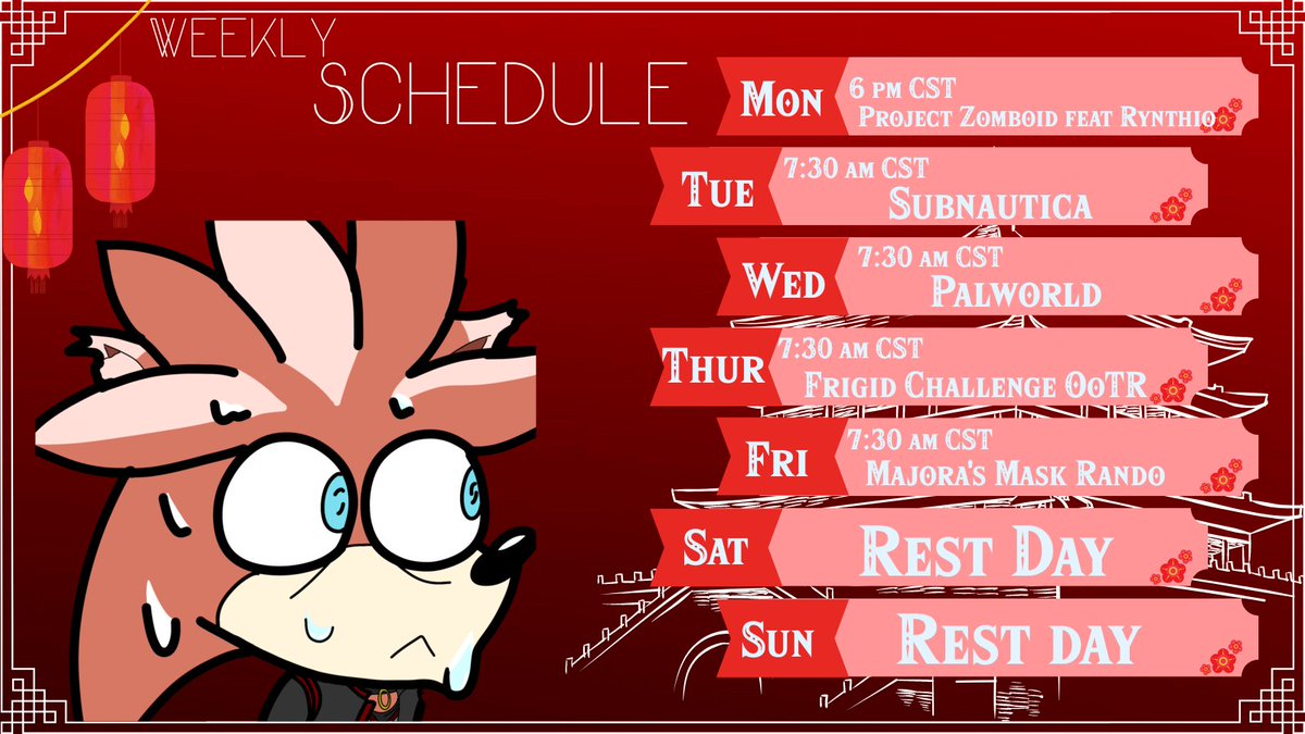 New schedule for the new week! Can't wait to hangout with everyone this week! I'm always open to collabs so just reach out if you are feeling game!