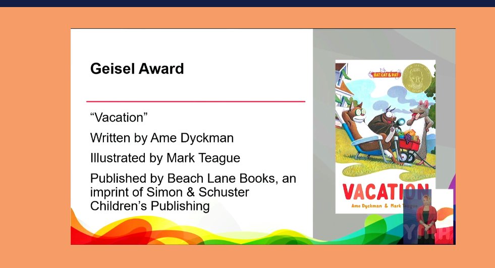 ErinDealey's tweet photo. @PaulaYoo @margaritapoet @SimonKIDS @SCBWINorthCal @poetweatherford 7/ Wooo-hooo! Congratulations @AmeDyckman VACATION / Beach lane @SimonKIDS / Illus. Mark Teague --WINNER of the Geisel Award, honoring books that "demonstrate creativity and imagination to engage children in reading." #kidlit #WritingCommunity #YALSA Youth Media Awards https://t.co/I1D4LyddcP