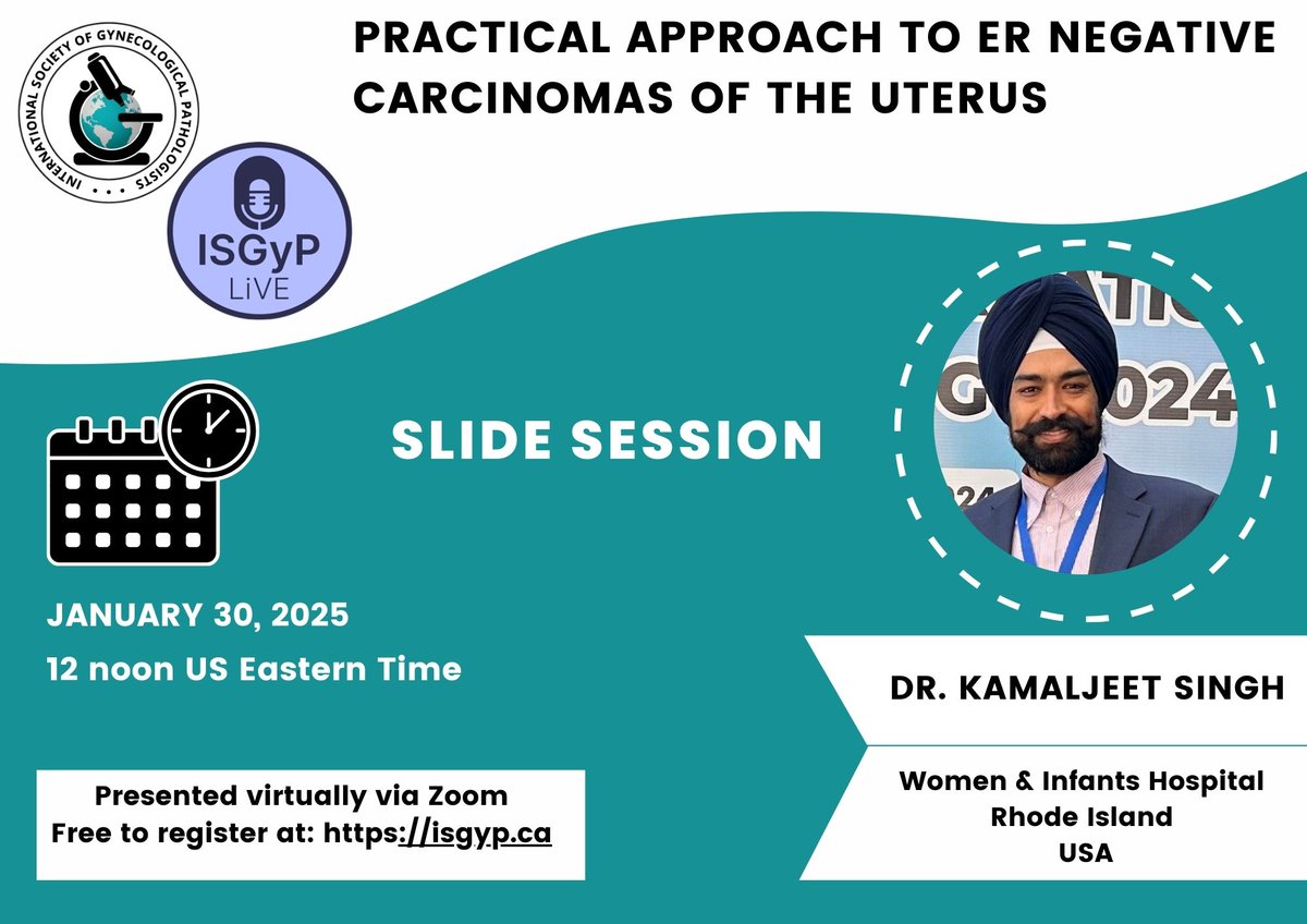 International Society of Gynecologic Pathologists (@isgynp) on Twitter photo Announcing a free <a href="/ISGynP/">International Society of Gynecologic Pathologists</a> sponsored live virtual slide session on January 30, 2025 at 12 noon US Eastern Time by Dr Singh on "A Practical Approach to a ER Negative Carcinomas of the Uterus". Register now @ isgyp.ca #gynpath #pathtwitter #pathology Announcing a free <a href="/ISGynP/">International Society of Gynecologic Pathologists</a> sponsored live virtual slide session on January 30, 2025 at 12 noon US Eastern Time by Dr Singh on "A Practical Approach to a ER Negative Carcinomas of the Uterus". Register now @ isgyp.ca #gynpath #pathtwitter #pathology
