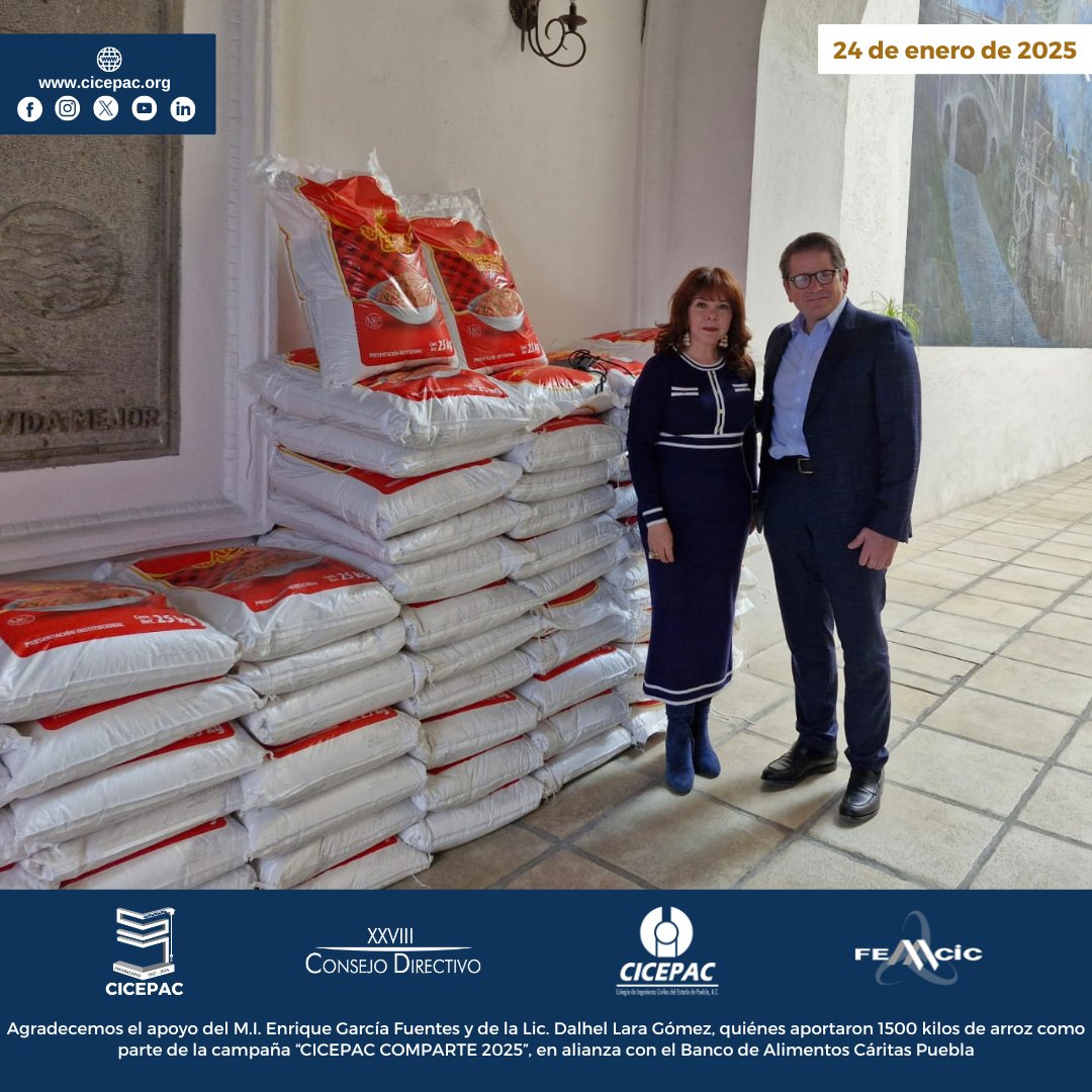 cicepac's tweet image. Agradecemos el apoyo del M.I. Enrique García Fuentes y de la Lic. Dalhel Lara Gómez, quiénes aportaron 1500 kilos de arroz como parte de la campaña “CICEPAC COMPARTE 2025”, en alianza con el @BAMXPuebla

#CICEPAC #BAMX #CÁRITAS #arroz #frijol #ingenieríacivil #Puebla