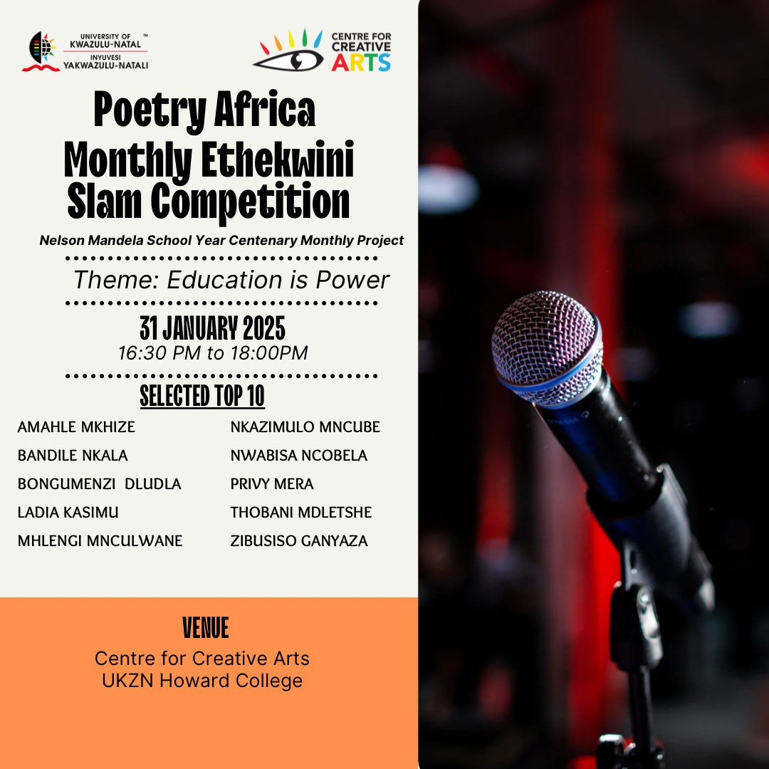 🎉🏆 Congratulations to the Top 10 of the EThekwini Monthly Slam! 🏆🎉

We cannot wait to see you showcase your talent and inspire the crowd on the 31st of January 2025!🎤🔥

#PoetryAfrica2025 #UKZNCCA