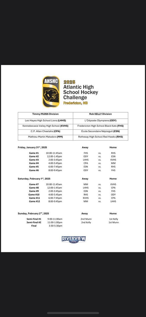 The Atlantic High School Hockey Challenge schedule is all set. All games will be played at the LBR. Some of the best teams in Atlantic Canada will be battling for the trophy. 
#gokatsgo