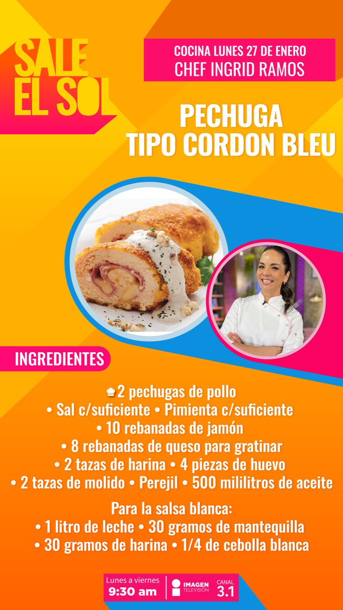 saleelsoltv's tweet photo. ¡Este lunes nuestra chef @ingridrvm nos enseña a preparar este deliciosa pechuga tipo #CordonBlue en la #CocinaDelSol! 🤩☀️👩🍳📺 #SaleElSol https://t.co/OiprHZD2jJ