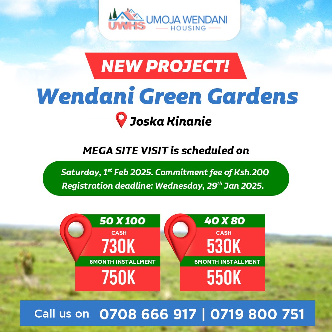 UmojaWendani's tweet image. New Project Alert! 🚨
Wendani Green Gardens – Your next investment awaits!
✅Location: Joska Kinanīe
✅Mega Site Visit: Saturday, 1st Feb 2025
✅Commitment Fee: Ksh. 200
✅Register by: Wednesday, 29th Jan 2025
#natembeya #aoko #morara #Congolese