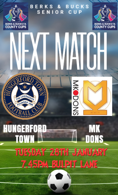 Hungerford Town FC (@hungerfordtown) on Twitter photo TOMORROW NIGHT
Its <a href="/BerksandBucksFA/">Berks & Bucks FA</a> Senior Cup Action at Bulpit Lane tomorrow night whne we take on League 2 <a href="/MKDonsFC/">Milton Keynes Dons</a> in a 7.45pm kick off
Entrance Price
Adults £10
Concessions £8
U16s free with a paying Adult TOMORROW NIGHT
Its <a href="/BerksandBucksFA/">Berks & Bucks FA</a> Senior Cup Action at Bulpit Lane tomorrow night whne we take on League 2 <a href="/MKDonsFC/">Milton Keynes Dons</a> in a 7.45pm kick off
Entrance Price
Adults £10
Concessions £8
U16s free with a paying Adult