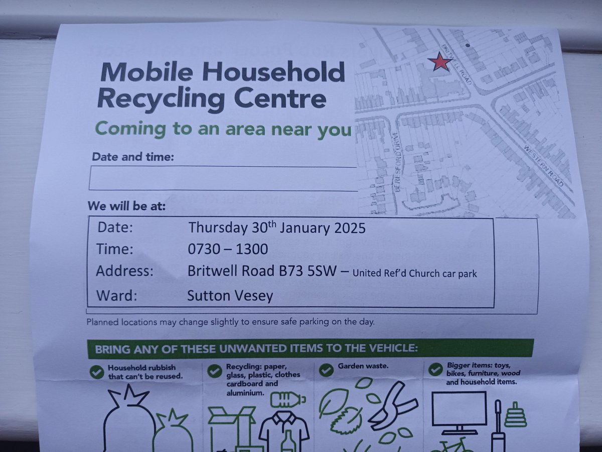 RobPocock1's tweet photo. Live in #Sutton #Vesey? The next @BhamCityCouncil 'Tip Truck' visit it this Thursday, URC Church car park Britwell Rd. Ideal for chucking any big bulky bits of rubbish! https://t.co/DzzJdJAkWX