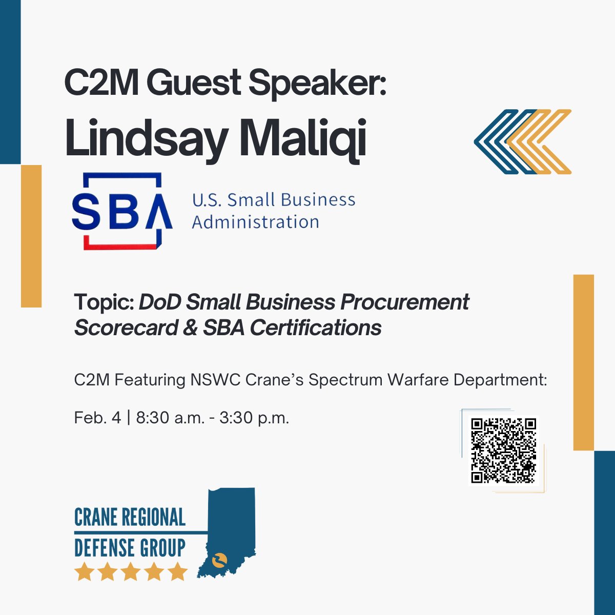 The February C2M is just a week away! Featured at the event will be Lindsay Maliqi, a special guest speaker from the U.S. Small Business Administration who will be discussing DoD Small Business Procurement Scorecard and SBA Certifications.
lp.constantcontactpages.com/ev/reg/s8up5bj…