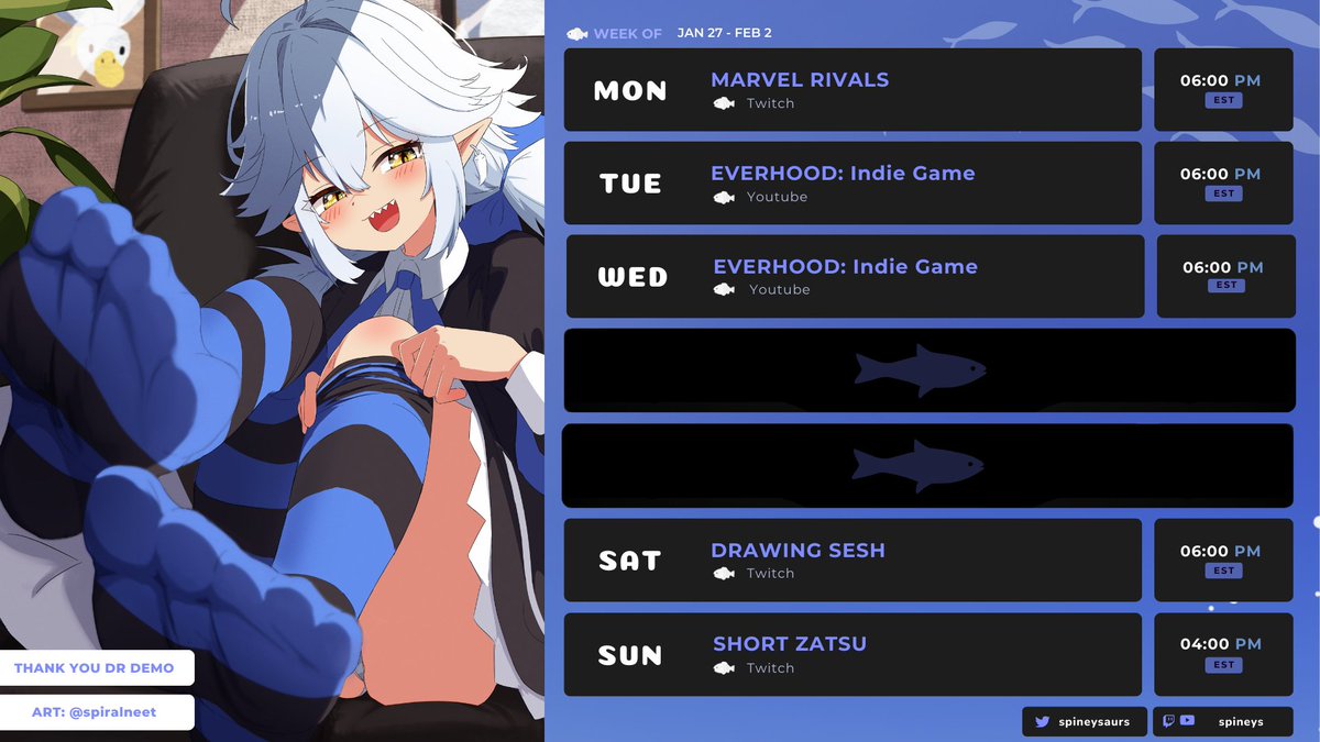 spineys_'s tweet photo. WEEKLY SCHEDULE 🗓️JAN 27 ➜ FEB 2  

➜ GEN: #spineysaur ➜ ART: #rawrts ➜ R34: #rewds