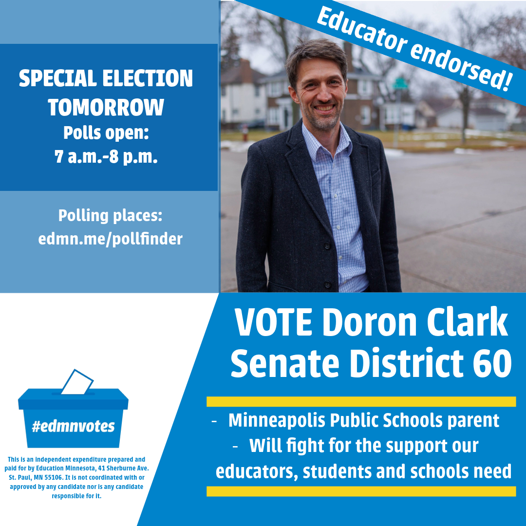 edmn_pac's tweet image. We're proud to endorse @doronclark in tomorrow's Senate District 60 special election in NE Minneapolis! Polls are open from 7 a.m.-8 p.m. Find your polling place here: edmn.me/pollfinder #mnleg #edmnvotes