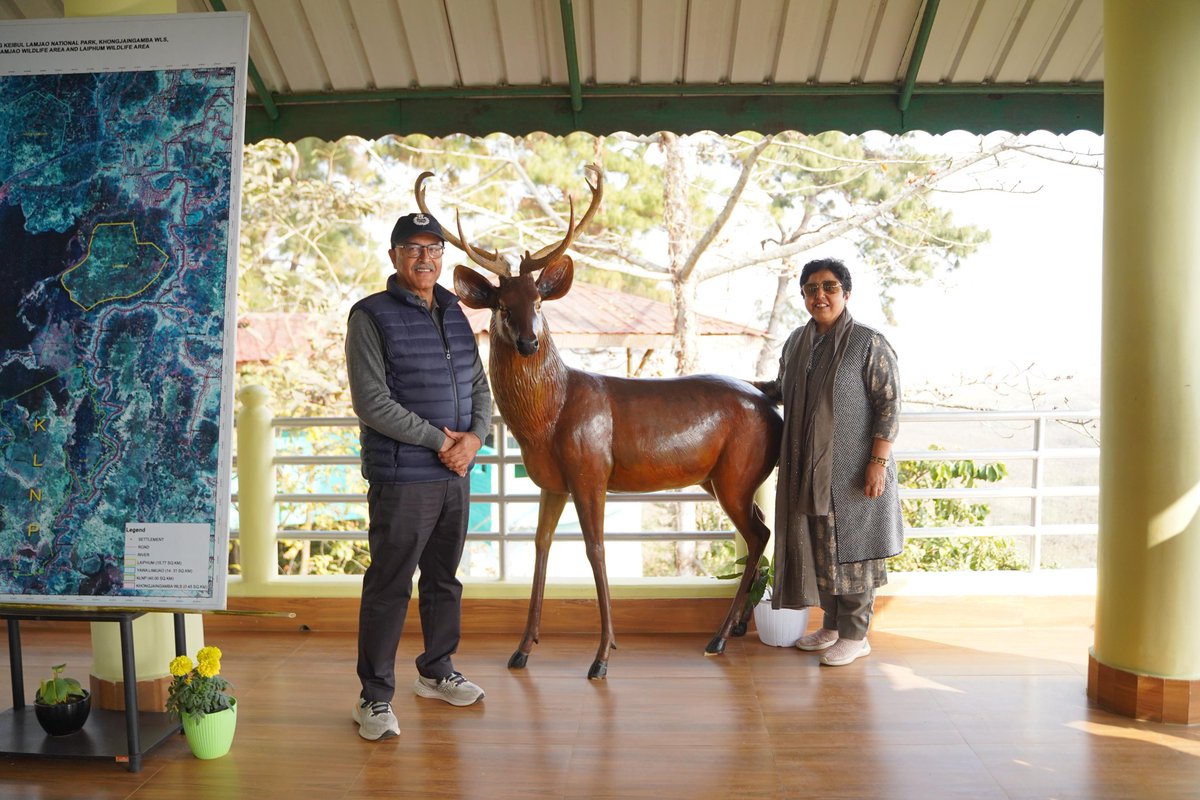 anubajparul's tweet photo. Hon'ble Governor, Manipur Shri Ajay Kumar Bhalla accompanied by the First Lady visits Keibul Lamjao National Park, the only floating National Park of the world and home of endangered Brow Antlered Deer 'Sangai'. He was briefed on the fragile ecosystem and conservation efforts. https://t.co/rceyanJ0XD