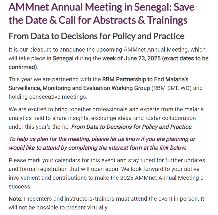 AMMnetwork's tweet photo. #AMMnet's annual event this year will be taking place in Senegal during June. For more information, please click here. https://t.co/aOvc9uOVYN Call for #abstracts and #trainings are open!! Apply on our website now. #malariamodelling #RBM #SME https://t.co/eBFDq6To8Y