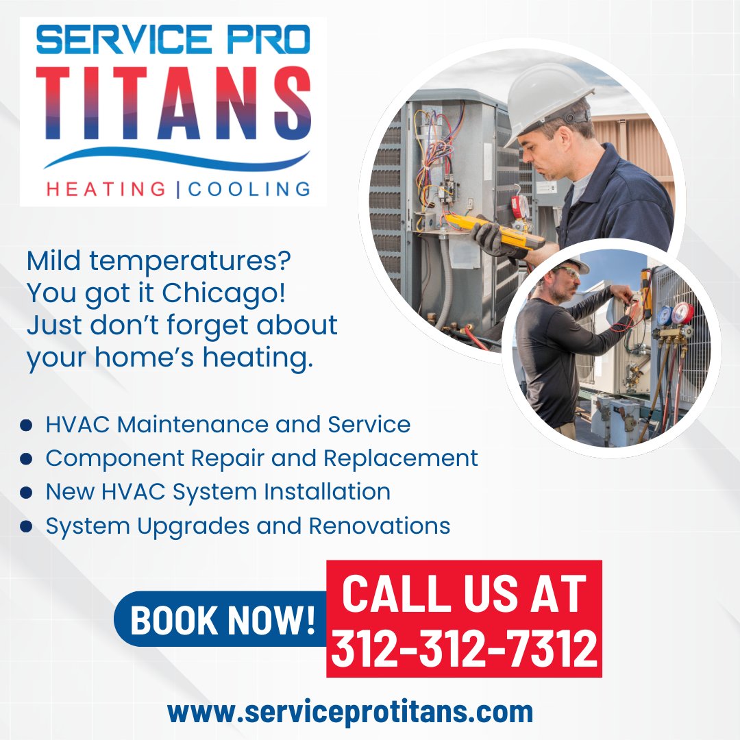 SPTitans's tweet photo. 🌡️ Mild temps in the Windy City? Yes, please! ☀️
But hold up, Chicago—don’t let the comfy weather fool you! 🏠 As temps can change in a snap, make sure your home’s heating system is ready for action. A quick check today keeps the chills away tomorrow. 🔧❄️
Call us 312-312-7312 https://t.co/iYfj2t8C8t