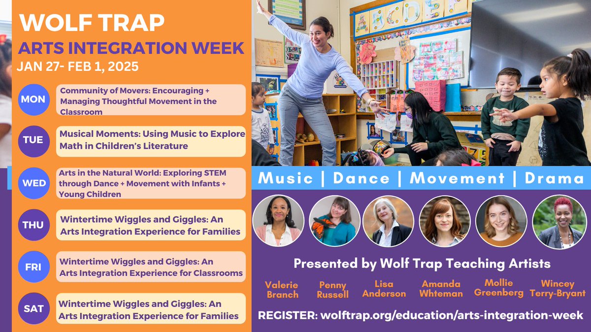 WolfTrap_Edu's tweet photo. #EarlyEd Practioners: Wolf Trap is offering a week of virtual workshops for early childhood #Educators and #Families Jan 27-Feb 1 to promote active learning through the arts. Learn new strategies for #STEM, early #Literacy and language. Register now!→ https://t.co/yDx3f9orzo #PD https://t.co/YVQdHLa1I6