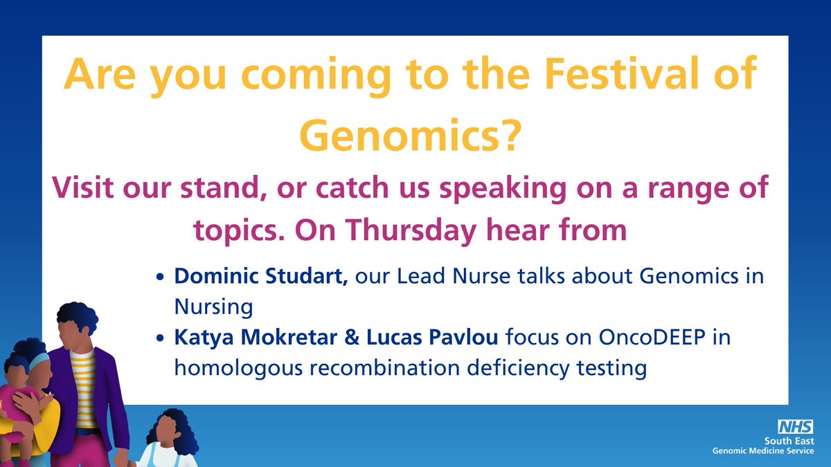 NHS South East Genomic Medicine Service (@segenomics) on Twitter photo Are you coming to the Festival of Genomics and Biodata this week?
On Thursday hear from our Lead Nurse talk about Genomics in Nursing and OncoDEEP in HRD testing from Katya and Lucas.
See you there!
<a href="/FoGenomics/">The Festival of Genomics & Biodata</a> Are you coming to the Festival of Genomics and Biodata this week?
On Thursday hear from our Lead Nurse talk about Genomics in Nursing and OncoDEEP in HRD testing from Katya and Lucas.
See you there!
<a href="/FoGenomics/">The Festival of Genomics & Biodata</a>