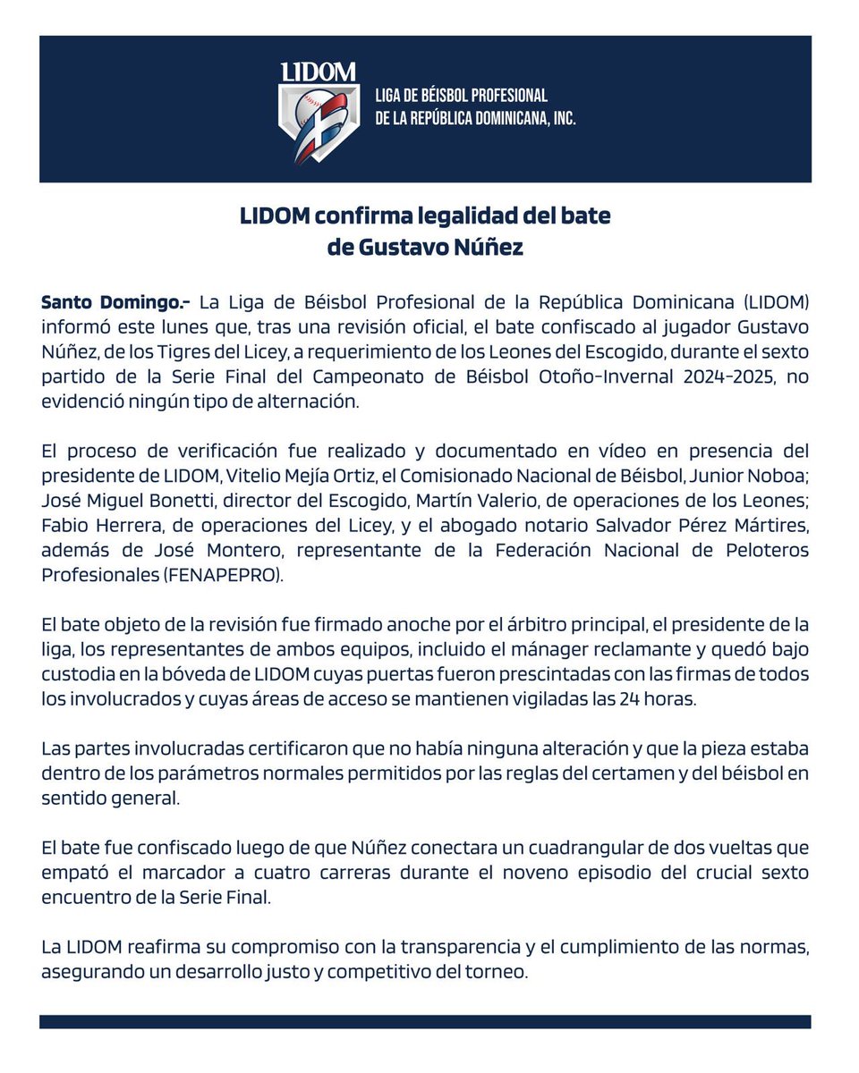 LIDOMRD's tweet photo. ⚠️ COMUNICADO OFICIAL ⚠️

LIDOM confirma legalidad del bate de Gustavo Núñez. 

#LIDOM https://t.co/kAqZvt7ICS