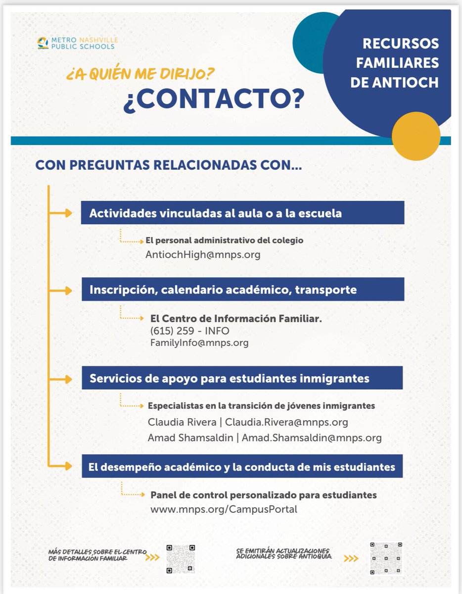 MNPS wants to continue supporting the Antioch High School community by ensuring that families have clear access to resources and information. Please share these flyers with families in the Antioch community, so they know who to contact for support.