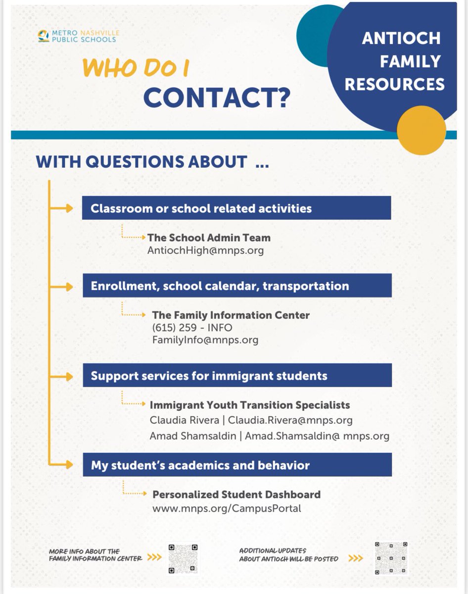 JuvClerk615's tweet photo. MNPS wants to continue supporting the Antioch High School community by ensuring that families have clear access to resources and information. Please share these flyers with families in the Antioch community, so they know who to contact for support. https://t.co/8sxI8O7l6Y