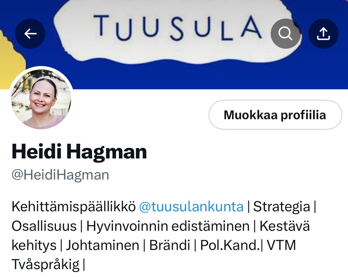 Kiitos <a href="/tuusulankunta/">Tuusulan kunta</a> yhteisistä vuosista ❤️ Tästä päivästä alkaen toimin <a href="/helsinki/">Helsingin kaupunki</a> kaupungilla hyvinvoinnin edistämisen päällikkönä.  Helsinki - Hyvän elämän tekijät! Nähdään stadissa!