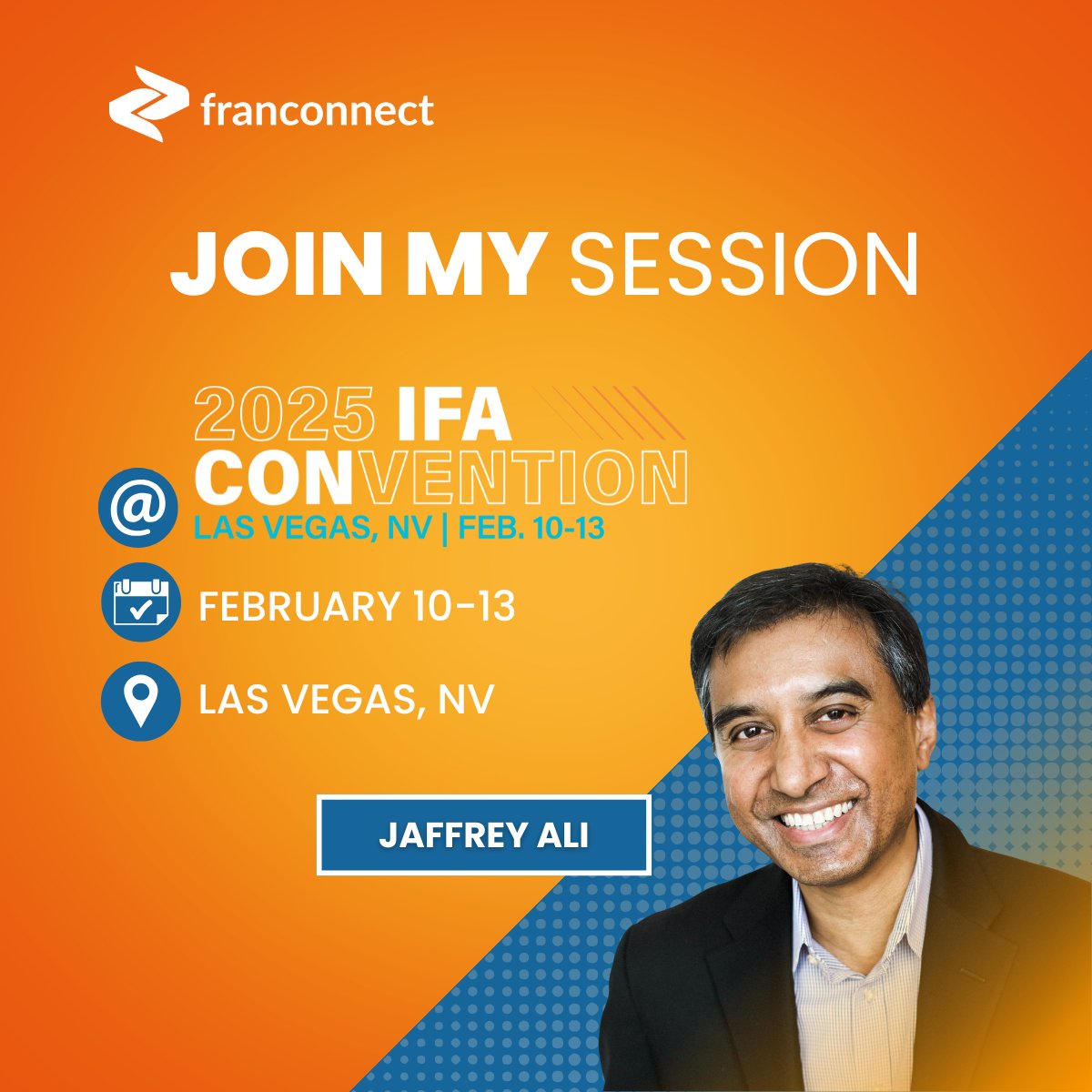 Join us at #IFA2025! 🚀 Our CPO, Jaffrey Ali, will share insights on franchisee training &amp; support to boost brand success. Plus, live demos of FrannieAi™! 
🕘 Feb 12, 10:30 AM PST 📍 Booth #221 
RSVP or book a demo: franconn.info/4h4JTws 
#FrannieAI #FranchiseFuture