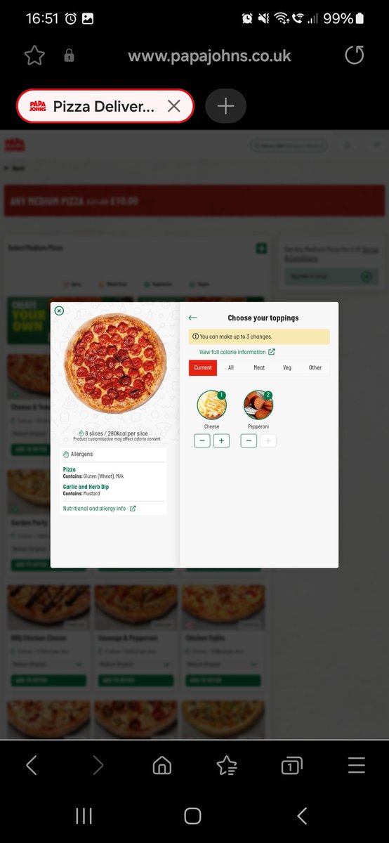 ElHussler's tweet photo. @PapaJohnsUK Spotted a bug on your website and android app. The Wheat Free version of the "Double Pepperoni" only has single pepperoni on it by default, meaning if you want the double that's advertised you have to add it manually and pay extra for the privilege! https://t.co/anWz1xd7R1