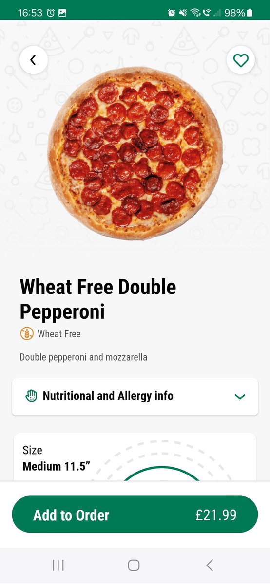 ElHussler's tweet photo. @PapaJohnsUK Spotted a bug on your website and android app. The Wheat Free version of the "Double Pepperoni" only has single pepperoni on it by default, meaning if you want the double that's advertised you have to add it manually and pay extra for the privilege! https://t.co/anWz1xd7R1