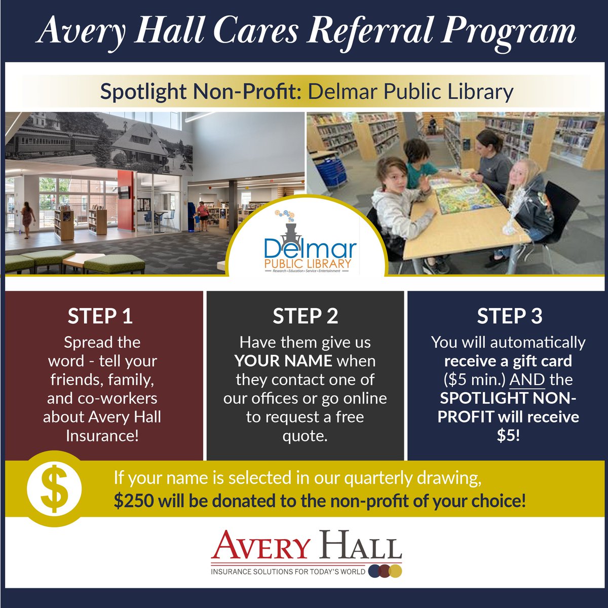 AveryHallIns's tweet image. Our Avery Hall Cares Referral Program Spotlight Non-Profit for January through March 2025 is the Delmar Public Library! 📚

#library #supportlocal #supportlocallibraries #averyhallcares #welovereferrals