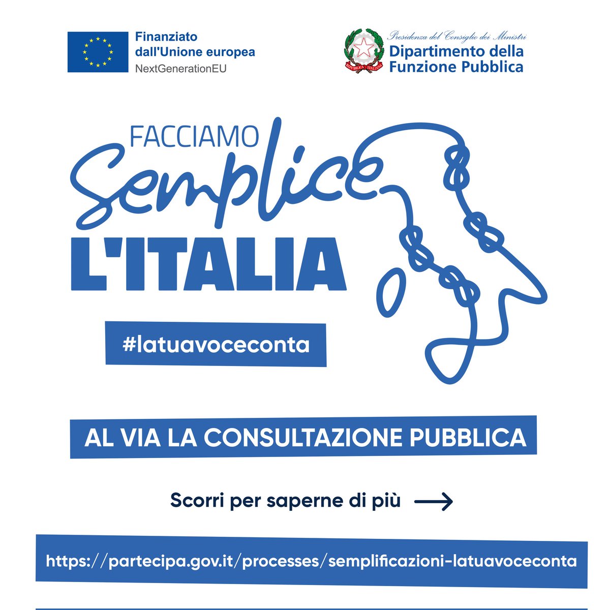 FunzPub's tweet photo. #latuavoceconta 
Al via la consultazione pubblica promossa dal Dipartimento per raccogliere segnalazioni e proposte di semplificazione da cittadini, imprese, dipendenti pubblici e associazioni. 
🎯Partecipare è semplice, scopri i dettagli su: https://t.co/v4usTgl6gW 

#ParteciPa https://t.co/r4CUgzRMDk