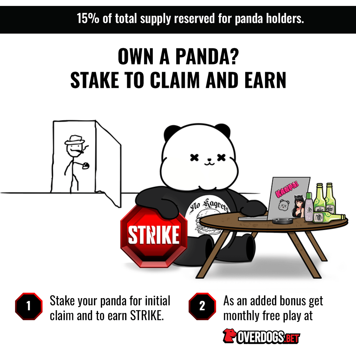 striketoken_'s tweet image. 6/7

If you own a @KanpaiPandas and stake it, you will receive STRIKE tokens and will be eligible for monthly free play on Overdogs Bet (launching soon). Grab a panda on any NFT exchange to get rolling.

Details on staking here: client-docs.gitbook.io/kanpai-pandas-…