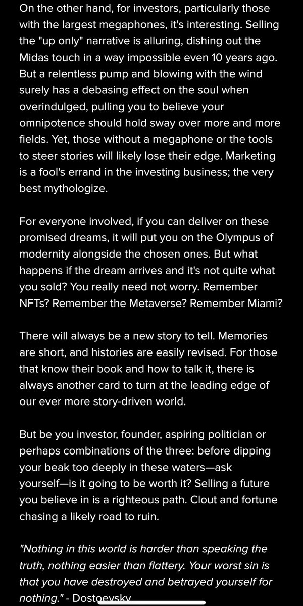 Last week I over-indulged in tech podcasts &amp; the X timeline so wrote this piece on the current state of discourse &amp; it's reality for company building + investing.

Timely with all the shouting &amp; clout chasing around Deepseek, its a good reminder.

Everyone is talking their book.