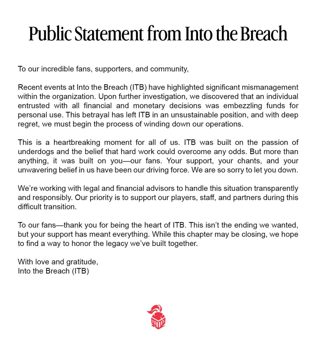 Into The Breach Esports has announced they are going out of business, after the CEO allegedly embezzled over $500,000 from the org and players…

Esports