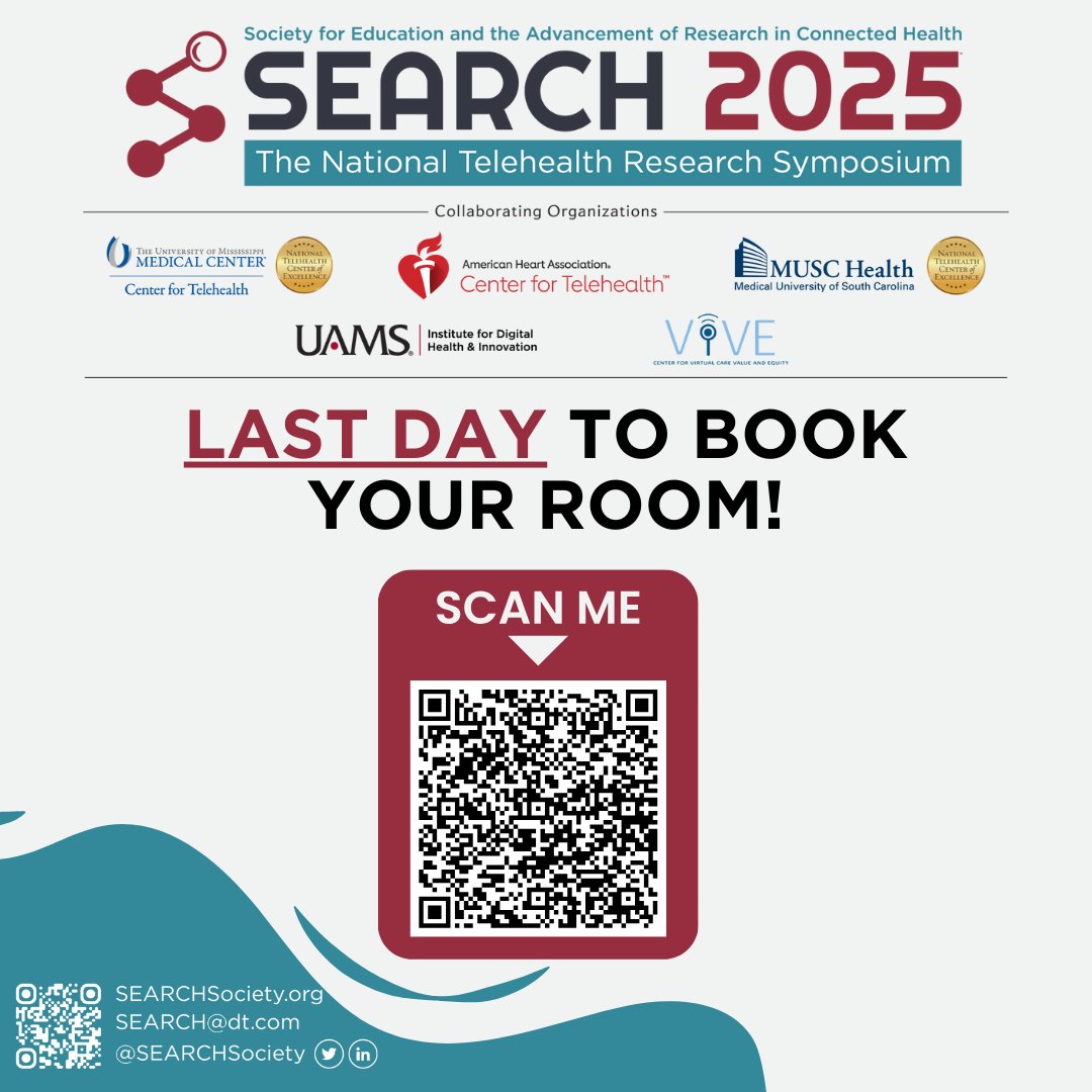FINAL CALL: The SEARCH 2025 room block at the Sheraton Grand Los Angeles closes at 11:59 PM CST today. Reserve your discounted room block at the conference venue today!

 Booking Link: bit.ly/4g9nKvL

#SEARCH2025 #DigitalHealth #telehealth #telehealthresearch