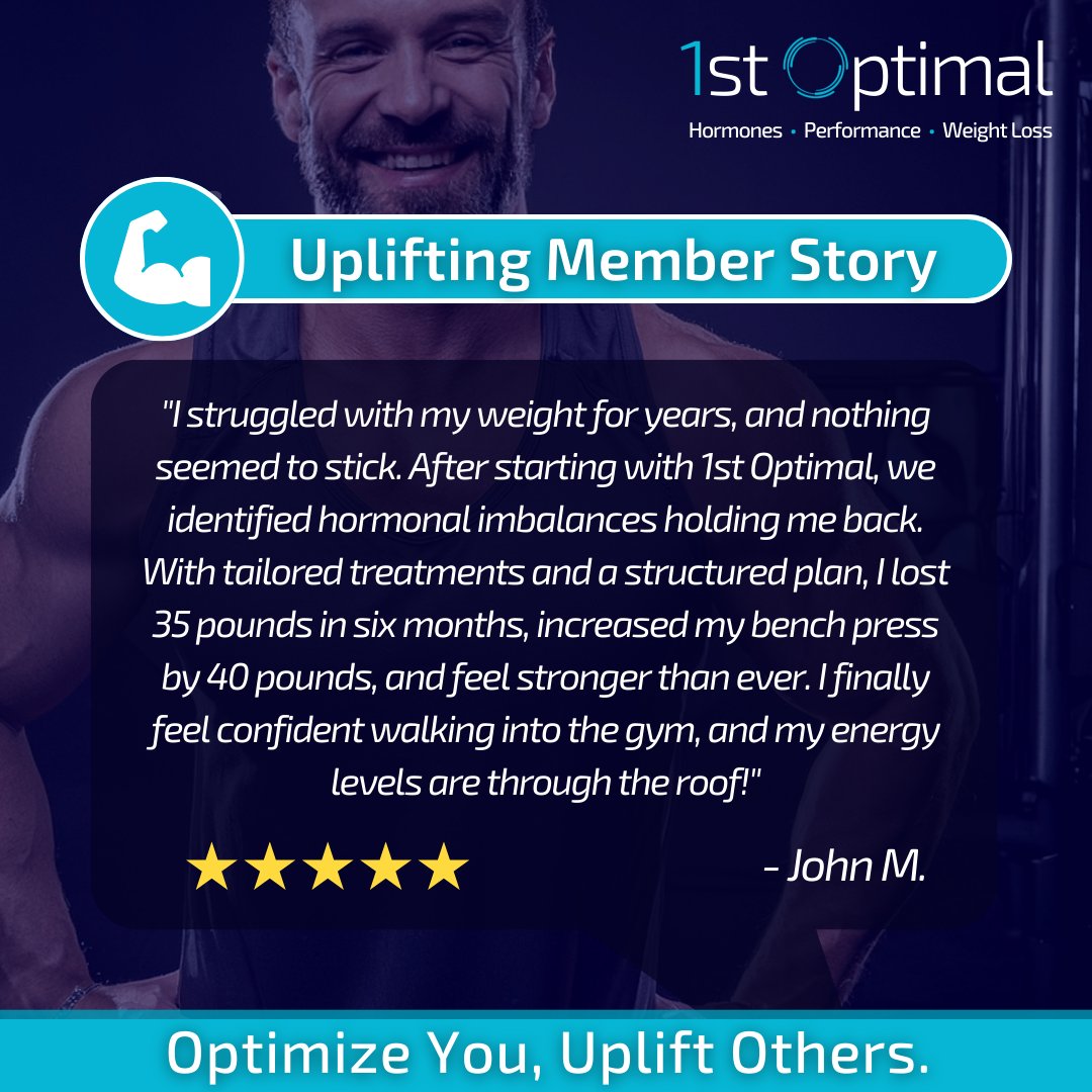 1stOptimal's tweet photo. After years of struggling with weight and low energy, John partnered with 1st Optimal. By addressing hormonal imbalances, he lost 35 pounds, boosted his bench press by 40 pounds, and reclaimed his confidence in the gym.

👉 Visit https://t.co/hLjGIITc9f

#1stOptimal https://t.co/RSRqWuDiv7