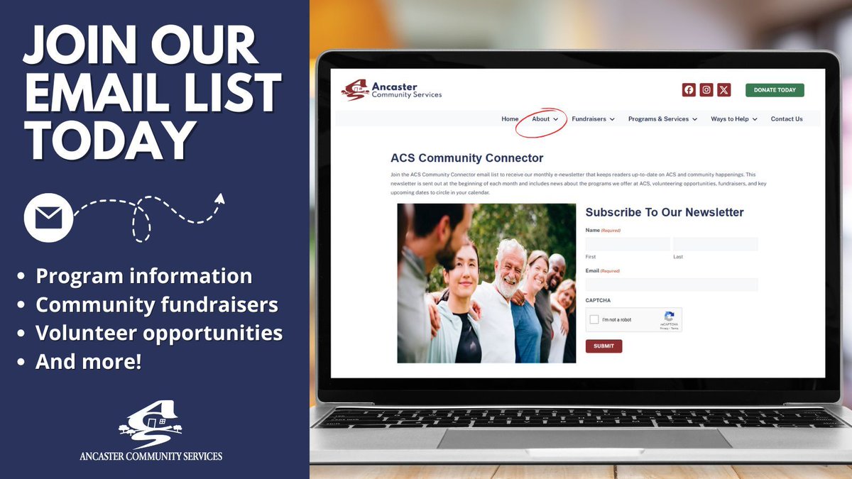 Hey there, Ancaster…are you connected? 💌 Stay up-to-date on what's happening here at Ancaster Community Services by subscribing to the ACS Community Connector!

To join our email list, visit our website: buff.ly/3xDxOMV 

#AncasterCares #AncasterProud #GiveWhereYouLive