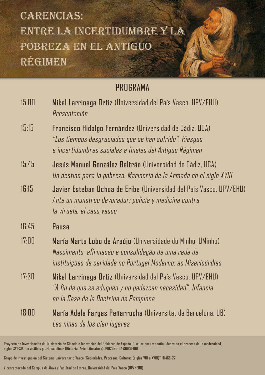 PacoHidalg's tweet image. La próxima semana estaremos junto a @mariela_fargas y otros colegas en @upvehu para el Seminario &quot;Carencias: entre la incertidumbre y la pobreza en el Antiguo Régimen&quot; (Vitoria, 6 de febrero 2025)