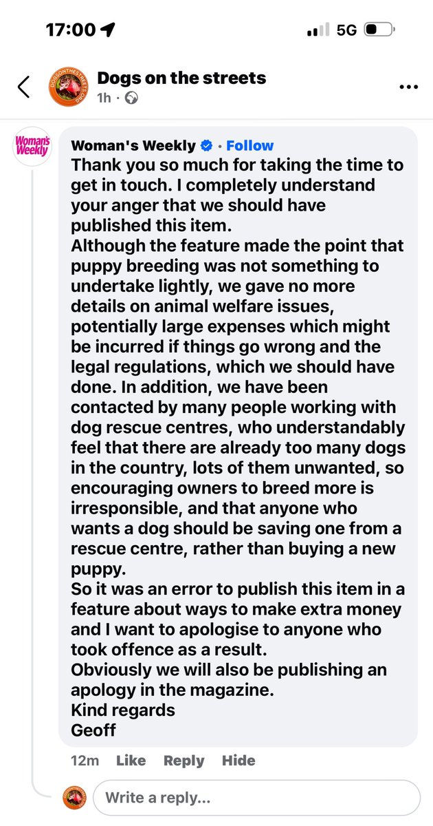 We have received a response from <a href="/WomansWeeklyMag/">Woman'sWeekly</a>  on our Facebook post regarding their article please see attached.