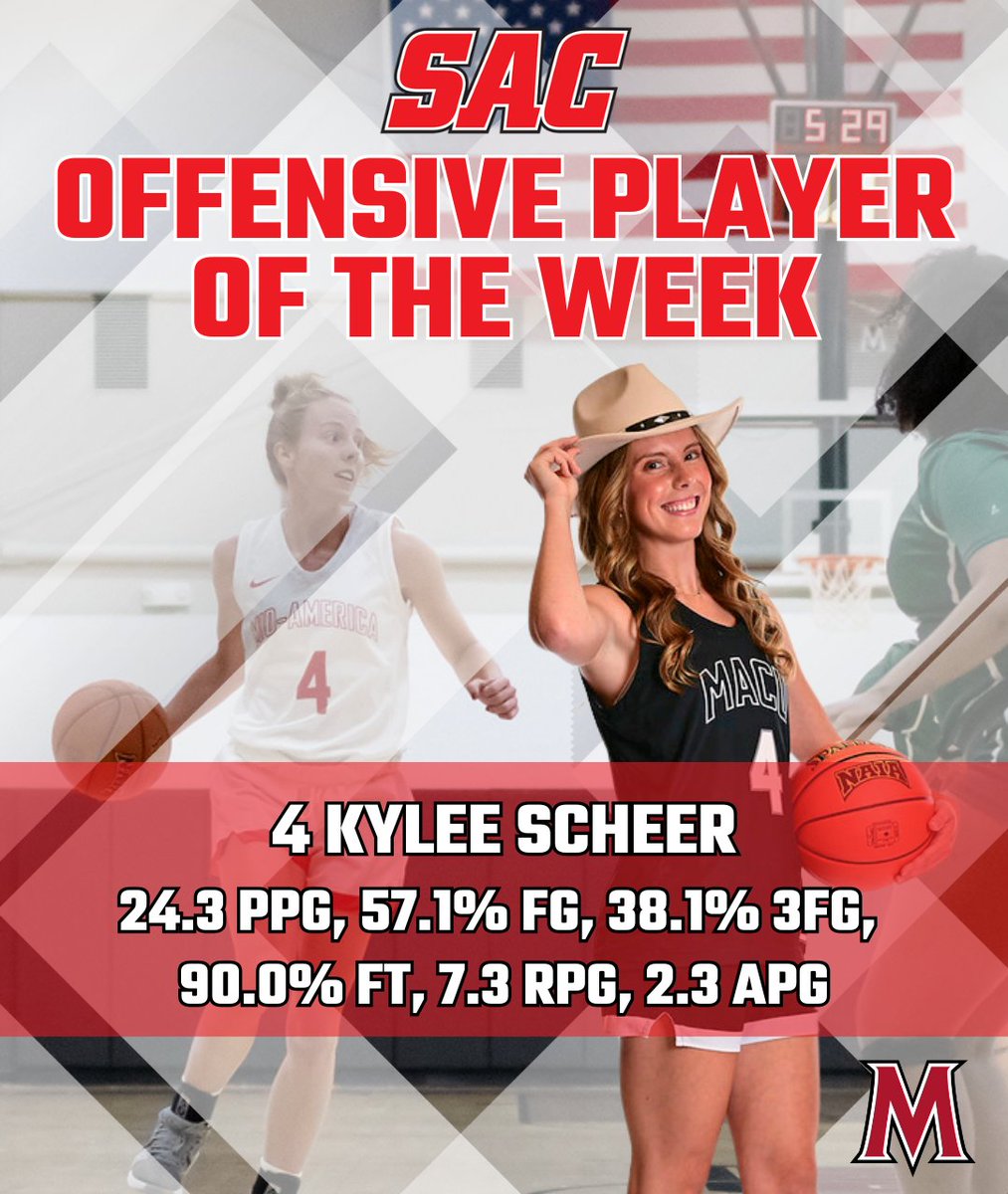 MACUAthletics (@macuathletics) on Twitter photo WBB: Congrats to <a href="/MACU_WBB/">MACU Women’s Basketball</a> senior guard Kylee Scheer on being selected as the <a href="/Sooner_Athletic/">The Sooner Athletic Conference</a> Offensive Player of the Week as she averaged an electric 24.3 ppg, which included scoring a career-high 32 points in the win over Southwestern Christian on Thursday!
#MACUProud WBB: Congrats to <a href="/MACU_WBB/">MACU Women’s Basketball</a> senior guard Kylee Scheer on being selected as the <a href="/Sooner_Athletic/">The Sooner Athletic Conference</a> Offensive Player of the Week as she averaged an electric 24.3 ppg, which included scoring a career-high 32 points in the win over Southwestern Christian on Thursday!
#MACUProud