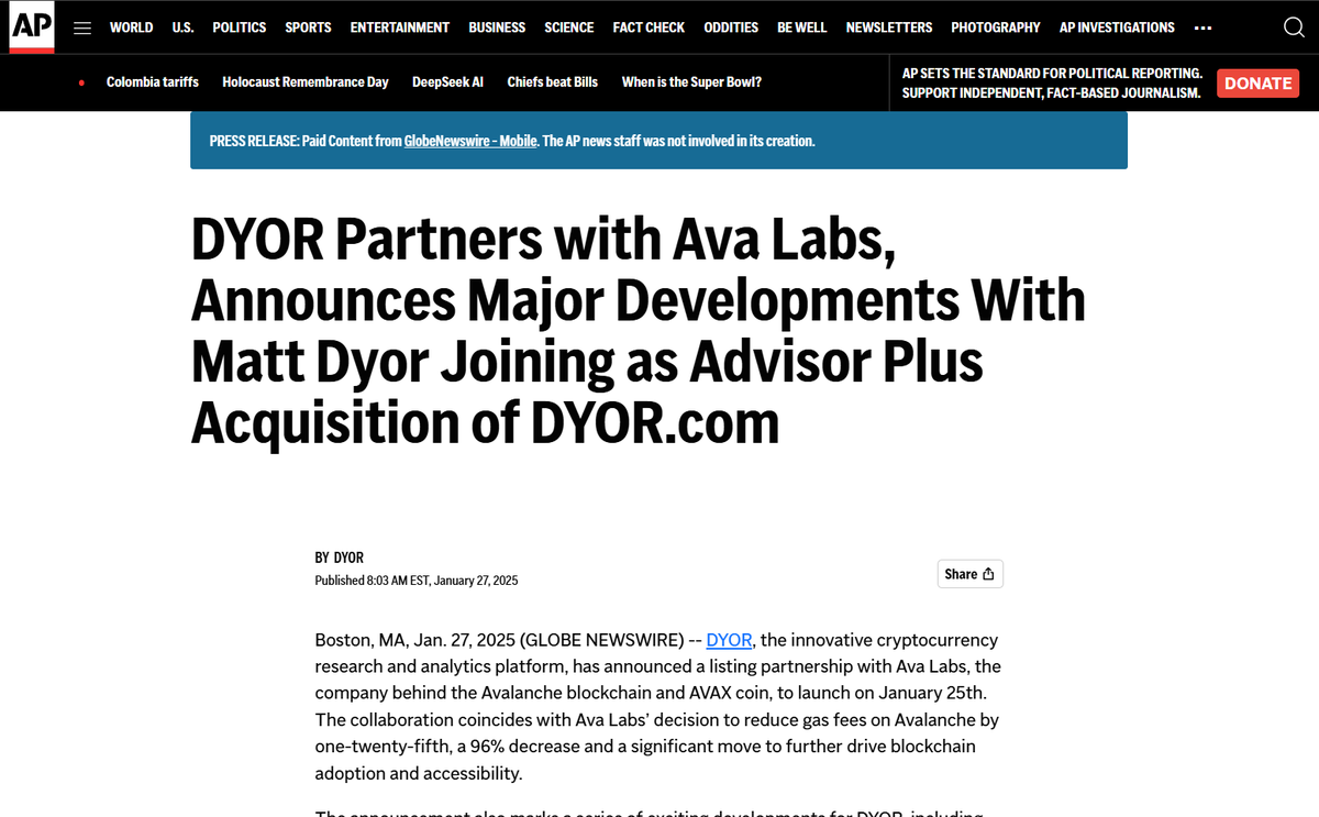 DYORdotcom's tweet photo. DYOR is featured in an AP article highlighting our new partnership with @avax! 

$DYOR 🤝 $AVAX

Together, we’re driving blockchain adoption 
with cutting-edge tools for on-chain traders.

Read the @AP article here that also features other big news from DYOR like Matt Dyor joining our team and our acquisition of https://t.co/VdD4PeRLf8!

Link:
https://t.co/L6IyqrTeHm $DYOR