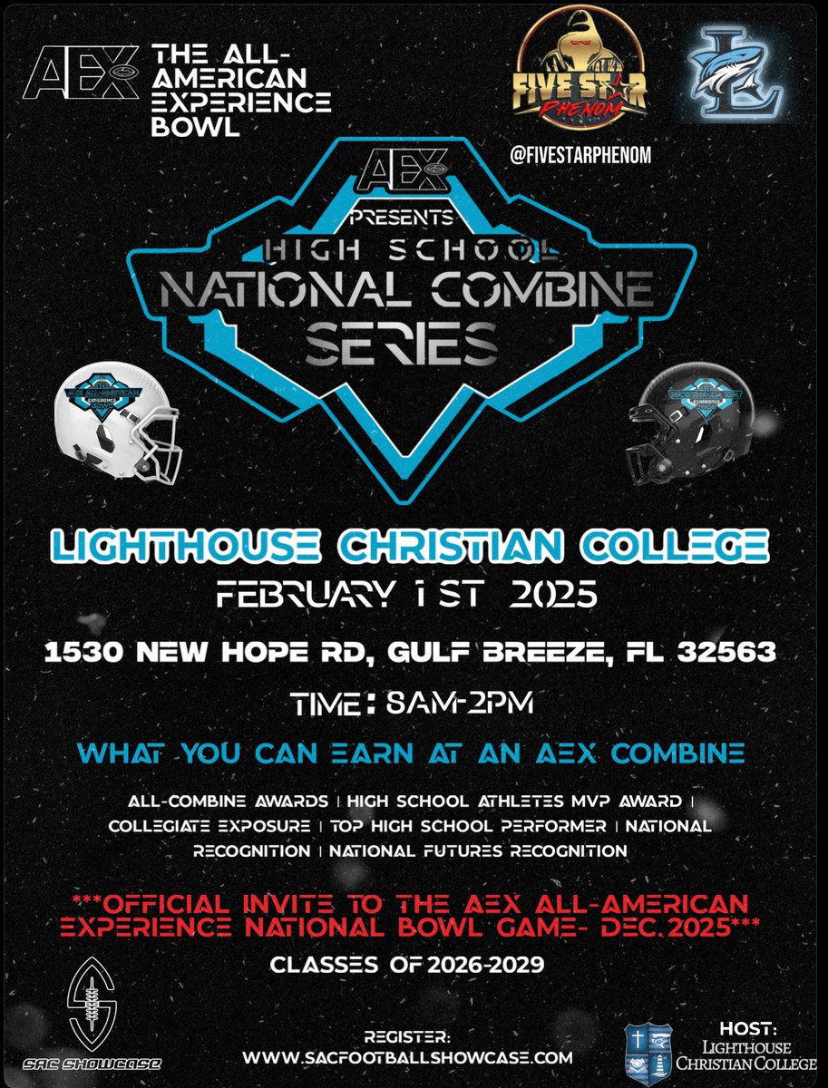 SAC SHOWCASE 🏈 (@sacshowcase) on Twitter photo <a href="/qlyonsjr/">Quartavius Lyons jr.</a> YOU’RE INVITED TO THE AEX NATIONAL COMBINE SERIES <a href="/AEXShowcase/">THE ALL-AMERICAN EXPERIENCE SHOWCASE, Inc</a> FEBRUARY 1ST 2025 AT LIGHTHOUSE CHRISTIAN COLLEGE PENSACOLA FL. ALL CLASS OF 2026 THRU 2030. EARN A SPOT TO THE AEX ALL-AMERICAN BOWL. COME TO BE COMPETITIVE, SHOW LEADERSHIP, HAVE INTEGRITY AND TEAMWORK! <a href="/qlyonsjr/">Quartavius Lyons jr.</a> YOU’RE INVITED TO THE AEX NATIONAL COMBINE SERIES <a href="/AEXShowcase/">THE ALL-AMERICAN EXPERIENCE SHOWCASE, Inc</a> FEBRUARY 1ST 2025 AT LIGHTHOUSE CHRISTIAN COLLEGE PENSACOLA FL. ALL CLASS OF 2026 THRU 2030. EARN A SPOT TO THE AEX ALL-AMERICAN BOWL. COME TO BE COMPETITIVE, SHOW LEADERSHIP, HAVE INTEGRITY AND TEAMWORK!