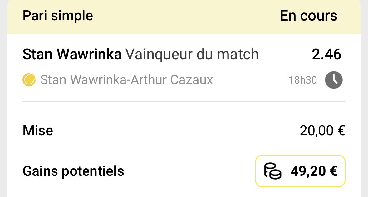 MONTANTE TIME ⏳ 

Palier 1 : Stan Wawrinka win à 2.46 

#TeamParieurs #Tennis #ATPMontpellier