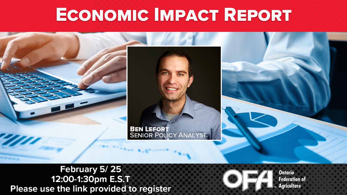 Join us for an online lunch and learn session with Senior Policy Analyst, Ben Lefort. He will be discussing the study from the Ontario Federation of Agriculture highlighting the economic impact of Ontario’s farming and food manufacturing sectors. 

In this webinar, Ben will