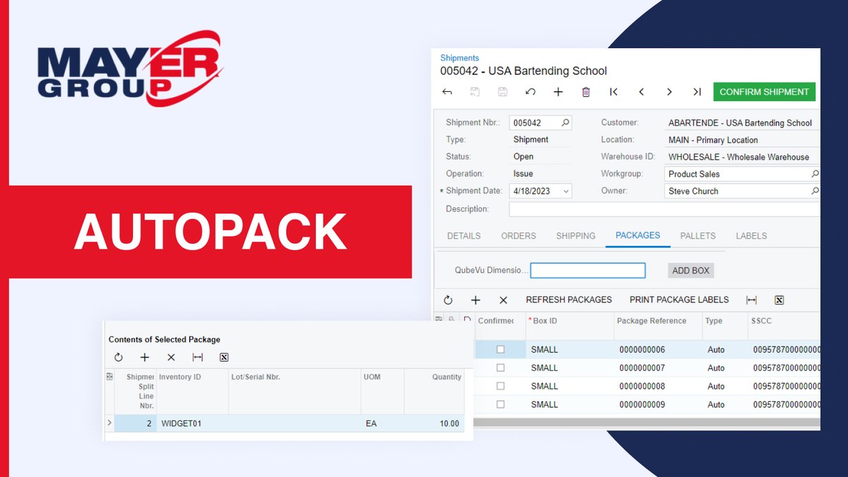 Improve shipping with AutoPack in Acumatica. Automatically pack shipment contents by quantity for improved efficiency. Learn more: mayererp.com/autopack/

#MayerERP #Acumatica #ERPsolutions #ShippingEfficiency