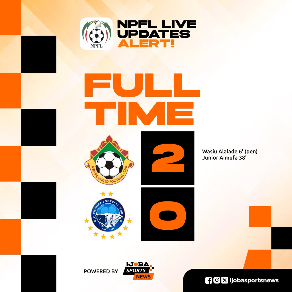 ijobasportsnews's tweet photo. FT!
@KwaraUnitedFC 2-0 @EnyimbaFC
#KWAENY | #NPFL25
#IjobaSportsNews #NPFLLiveUpdates https://t.co/XBEYGFGNmG