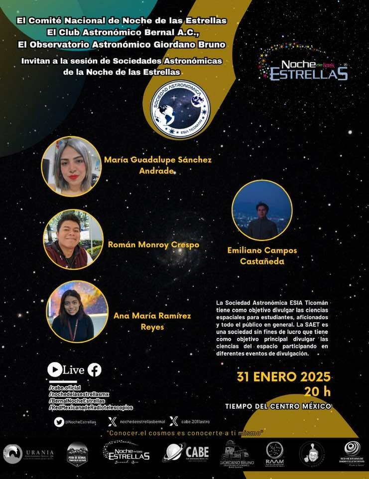 Primera sesión de 2025 de las agrupaciones de la #NdE2025 en el canal del Club Astronómico Bernal A.C.! Estará con nosotros la <a href="/saet_astroipn/">SAET</a>. Viernes 31 de enero. 8pm (CDMX). Por nuestro FBLive!