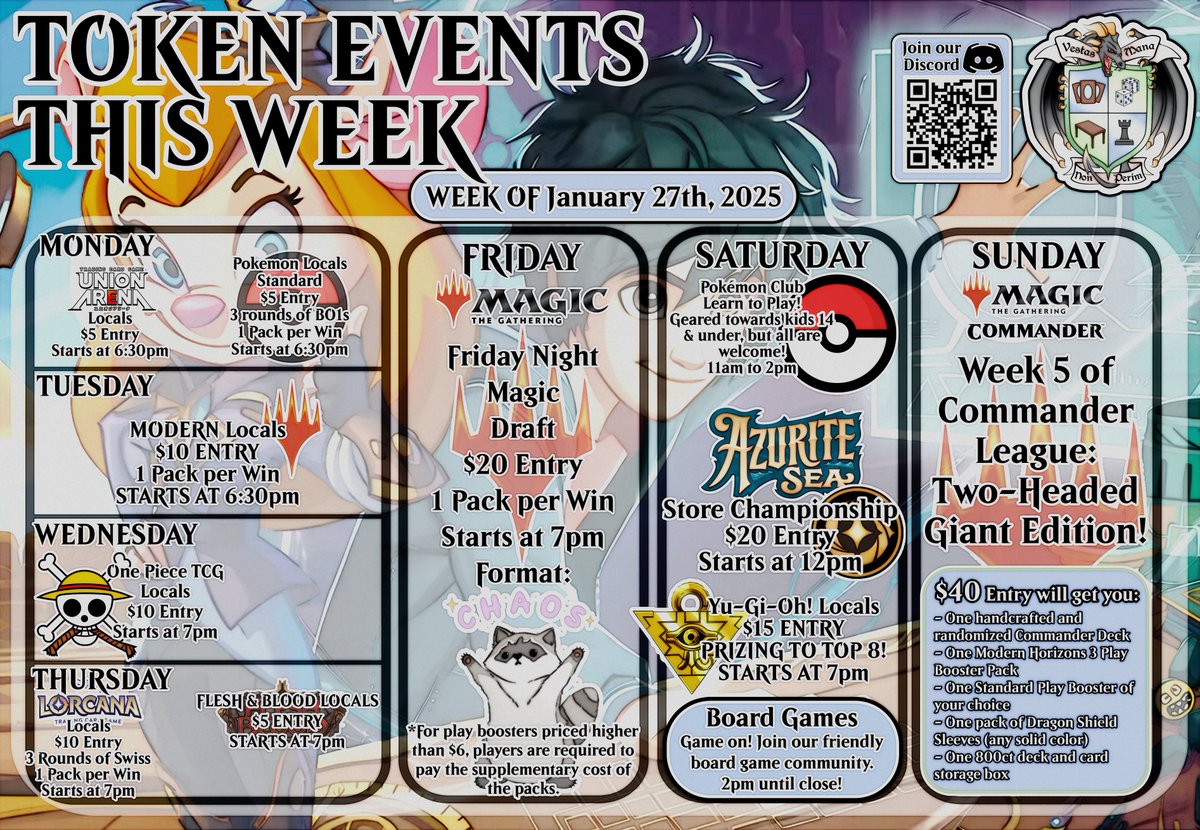 Highlights for January 27-February 2:
- Modern Tuesdays again, starting at 6:30 PM.
- Chaos draft this Friday!
- Lorcana Azure Sea Store Championship is this Saturday at noon.
- Closing in on the last couple of weeks to join the Commander League!
