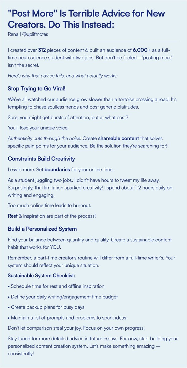 uplift_notes's tweet image. Hot Take: 
&quot;Post More&quot; is Terrible Advice for Busy Creators. 

I built an audience of 6,000 across platforms—

Without posting for hours a day...

Here&apos;s How 🔽