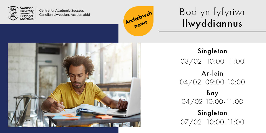 CAS_Abertawe's tweet image. Mae dechrau'r brifysgol yn brofiad cyffrous ond gall fod yn heriol hefyd. Mae'r gweithdy hwn yn esbonio sut i lwyddo fel myfyriwr israddedig. Mae'n cyflwyno’r mathau amrywiol o addysgu, dysgu ac aseiniadau: myuni.swansea.ac.uk/cy/llwyddiant-…

#prifabertawe #myfywyr #gweithdy