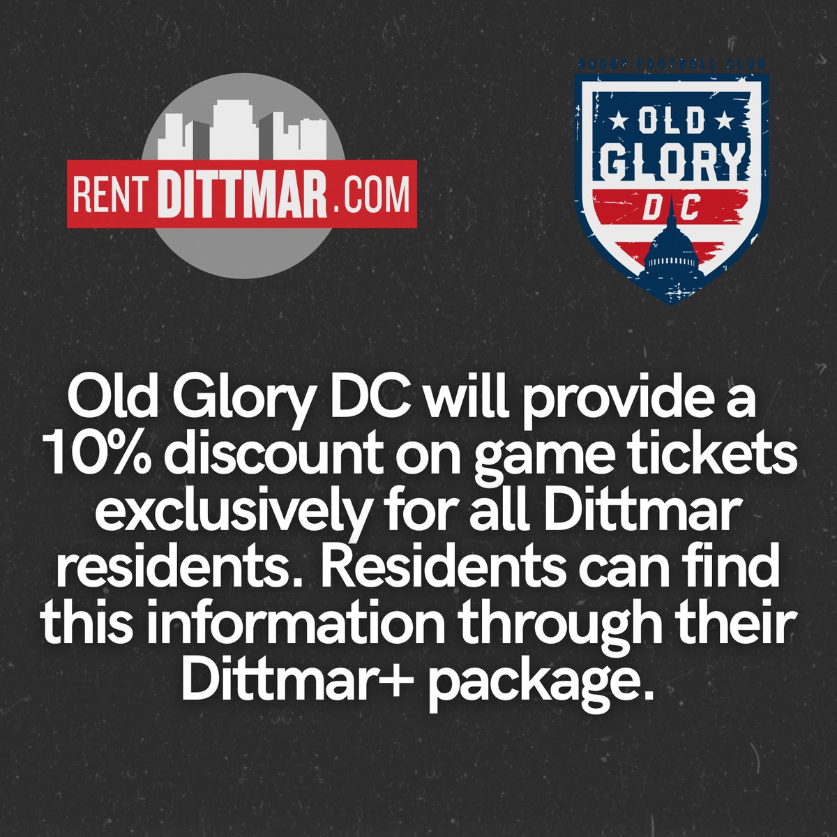 We're excited to announce that Rent Dittmar is once again the official housing provider for the Old Glory DC Rugby Team. All Dittmar residents will receive discounted game tickets this season as part of their Dittmar+ package! #RentDittmar #OldGloryDC