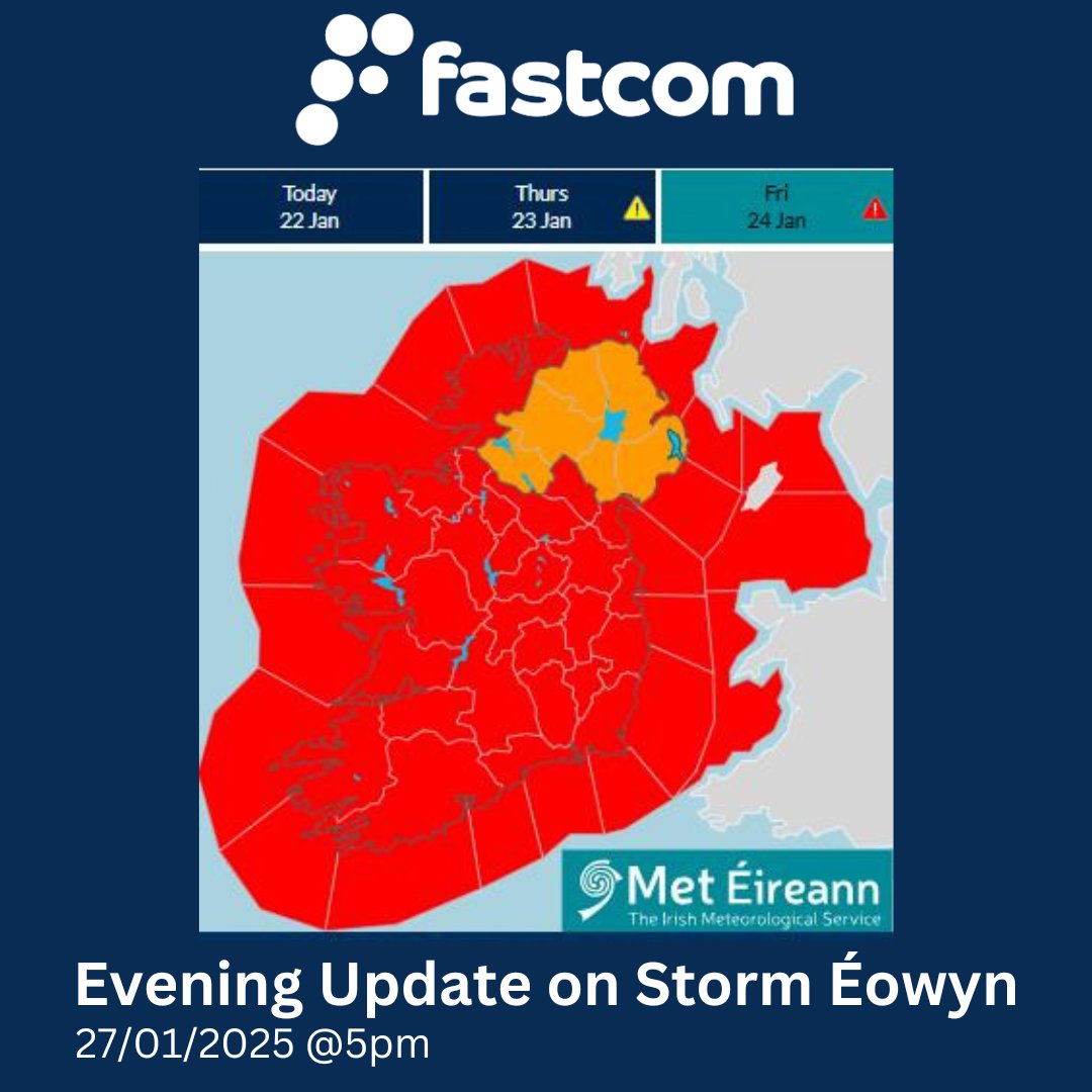 Fastcom Update: Storm Éowyn
Working hard on restoring our wireless &amp; fibre networks. If you've reported a fault, we're on it! Still having issues? Reach out at info@fastcom.ie. Thanks for your patience as we fix power-related outages &amp; damage.

#StormEowyn #NetworkRestoration