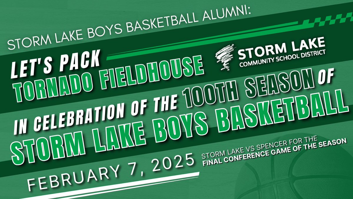 Celebrating 100 Seasons of Storm Lake Tornadoes Boys Basketball 🏀🌪️ 

📅 When: Friday, February 7
🏟️ Where: Tornado Fieldhouse, Storm Lake High School
🏀 Game: Storm Lake vs. Spencer (Final conference game of the season)

Calling all Storm Lake Tornadoes Boys Basketball alumni.
